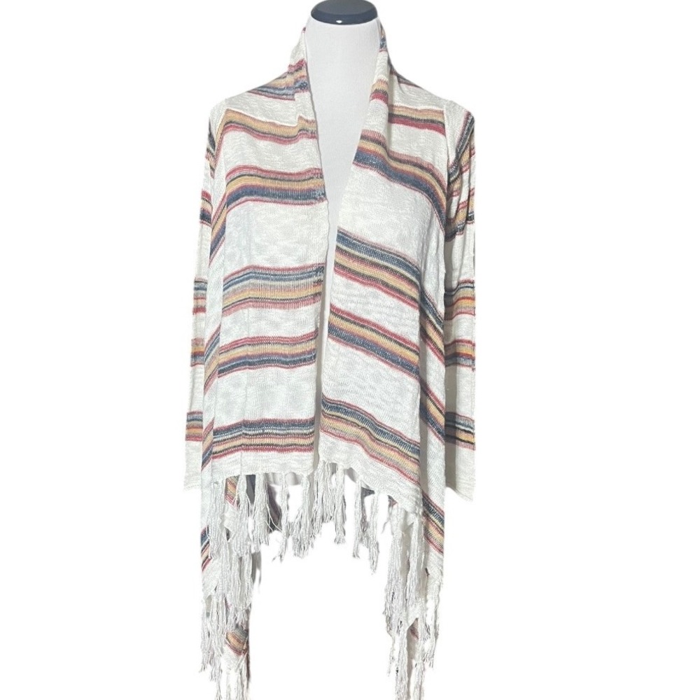 Boston Proper Striped Fringe Open Front Cardigan Womens Small Boho Multi Color‎